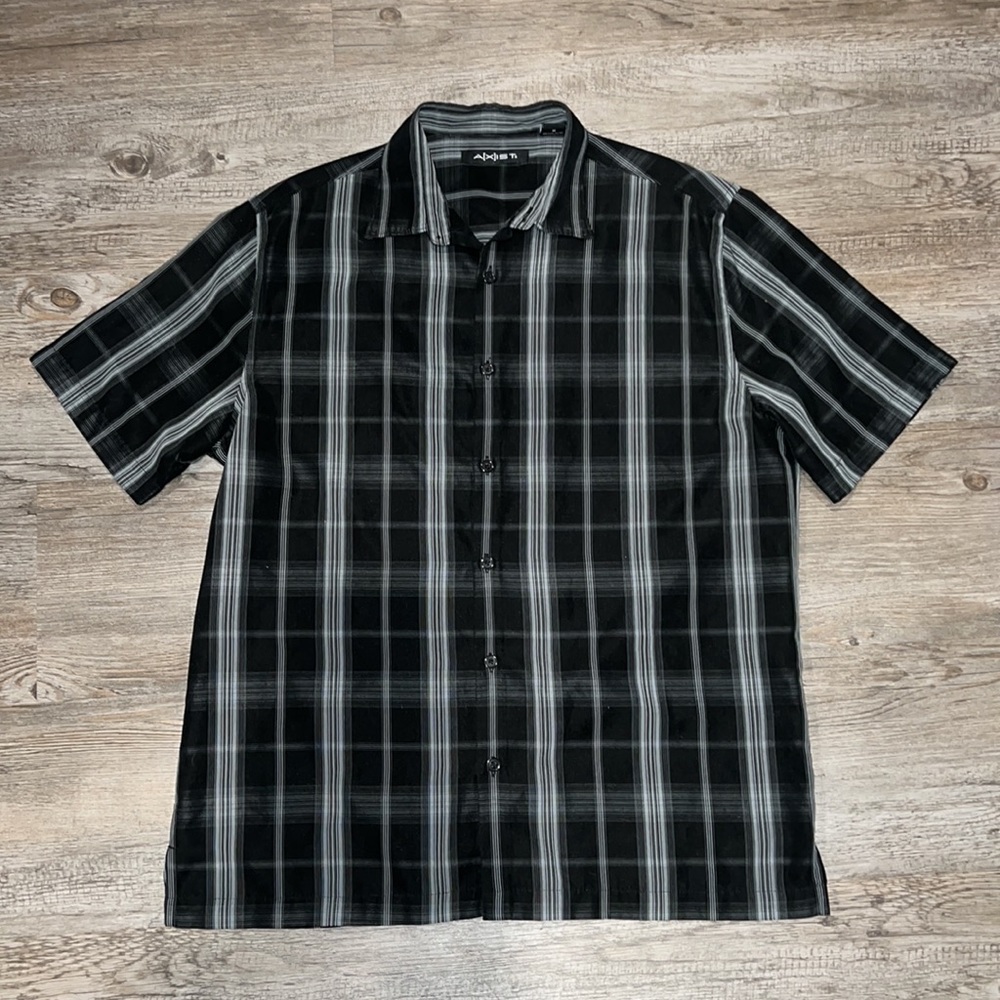 ☀Axist Men's Black White striped plaid button down Shirt size M